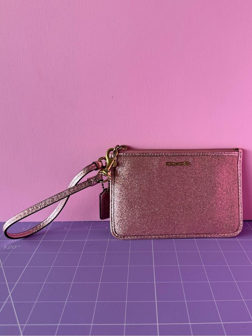 Coach glitter Pink Wristlet Card Case with Strap